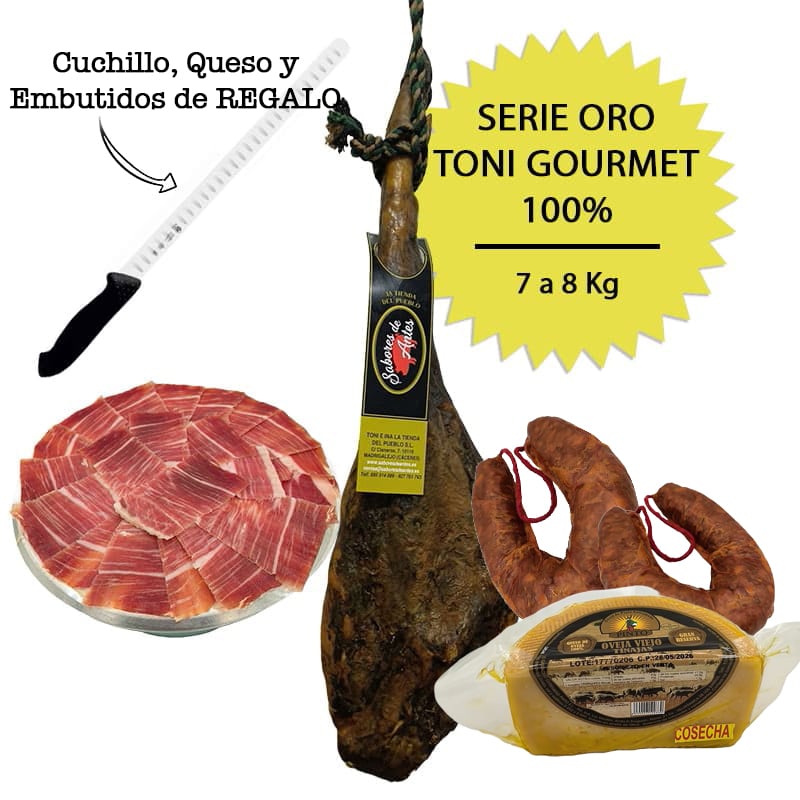 Jamón Serie Oro Toni Gourmet 100% + Cuchillo, Queso y Morcillas