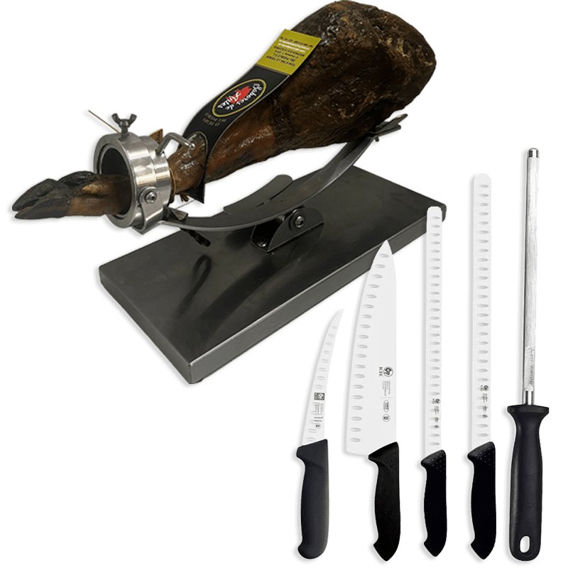 juego de jamonero y cuchillos con jamon